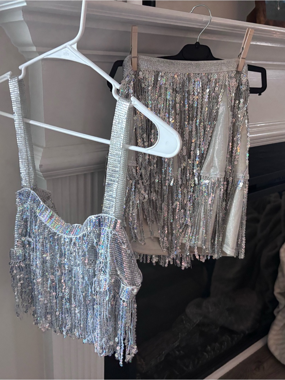 Silver Sequin Fringe Two-Piece Crop Top & Skirt Set